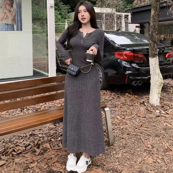 르엠마 슬림핏 단추 라운드넥 골지 니트 롱 가을 겨울 원피스