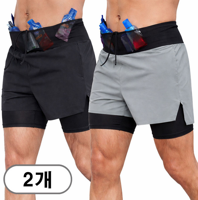 차쿠 1+1(2세트) 남성 런닝 반바지 속바지레깅스 일체형 허리밴드 포켓 수납 달리기 마라톤 휴대폰 수납 반바지