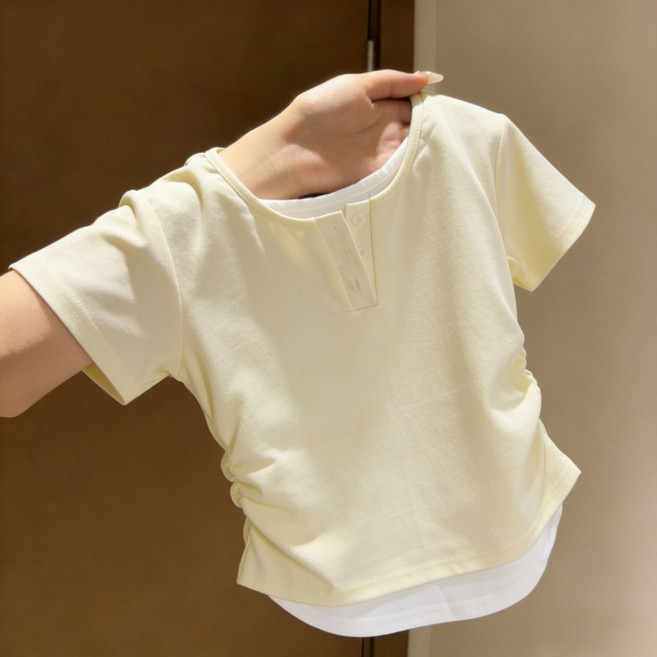 해피유통 어린이 여름 반팔 배색 티셔츠 단추 디자인 디자인14세 이상