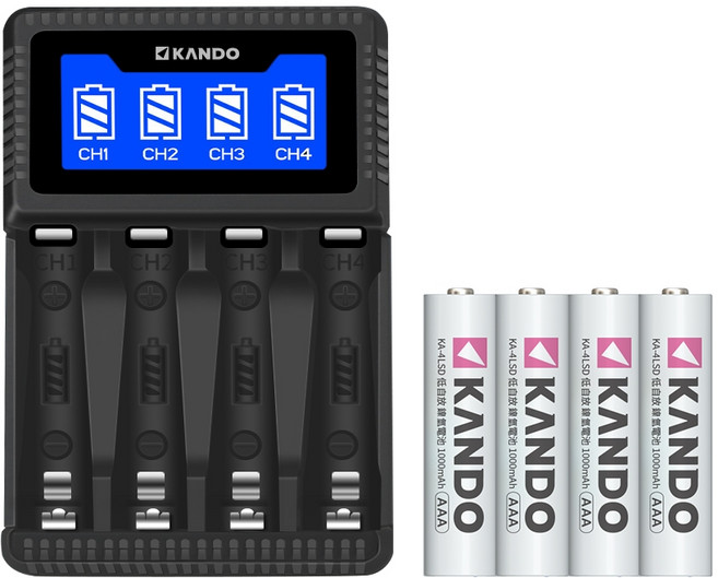 KANDO C4 液晶顯示四槽充電器組，含4號鎳氫低自放電池, 1個, C4電量顯示液晶充+4號鎳氫電池4顆