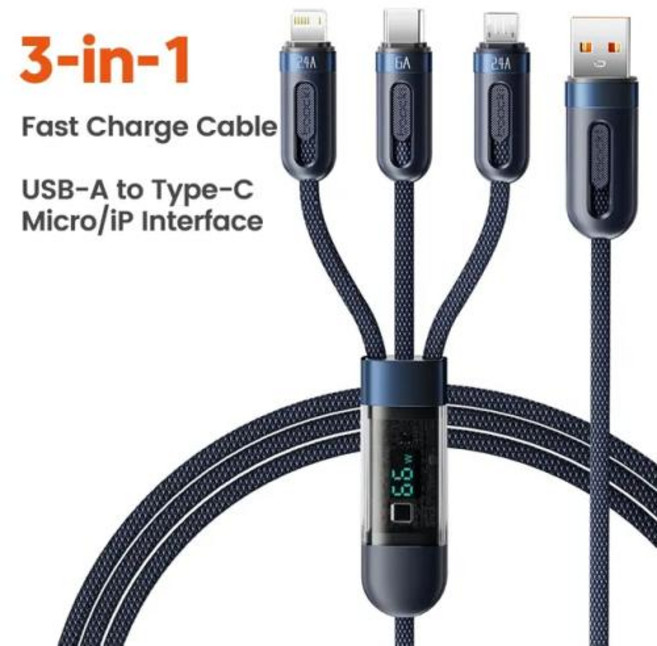 Toocki 마이크로 USB C타입 케이블 고속 충전 디지털 디스플레이 코드 아이폰 15 14 삼성 S23 화웨이용 3 in 1 66W, 1.2M Blue, 1개