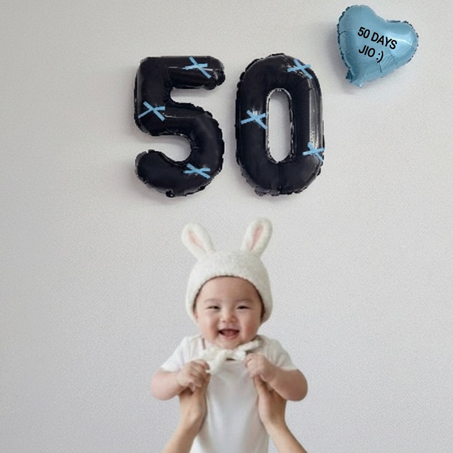 레몬스튜디오 50일셀프촬영 블랙 숫자 하트풍선세트 완성리본 자유레터링 스티커, 1세트, 블루