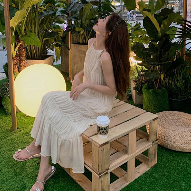 ORZQU 여성 여름 원피스 링클 캉캉 파도 롱 나시 여름 원피스