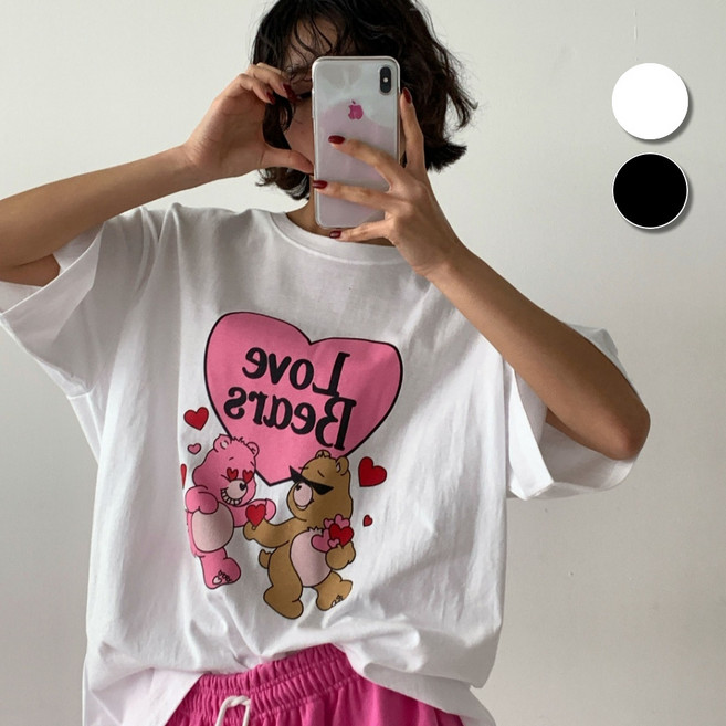 핏몬 여성 오버핏 러브베어 반팔 빅사이즈 롱 박스티 여름 티셔츠