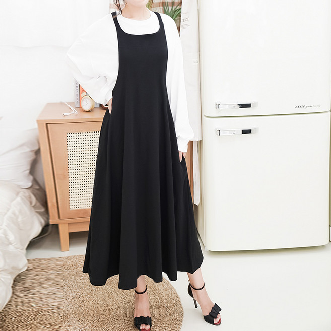 바닐라나인 핏좋은 빅사이즈 나니아 뷔스티에 멜빵 끈나시 A라인 플레어 롱원피스