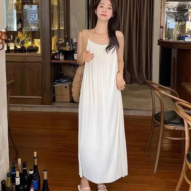夏季寬鬆褶皺吊帶長裙 氣質簡約百搭洋裝, 白色【略透110-1,L 100-115斤