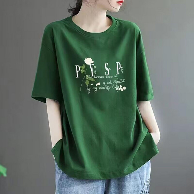 VVRR 여성 미디 라운드넥 레터링 프린트 면 반팔 티셔츠 A0041223