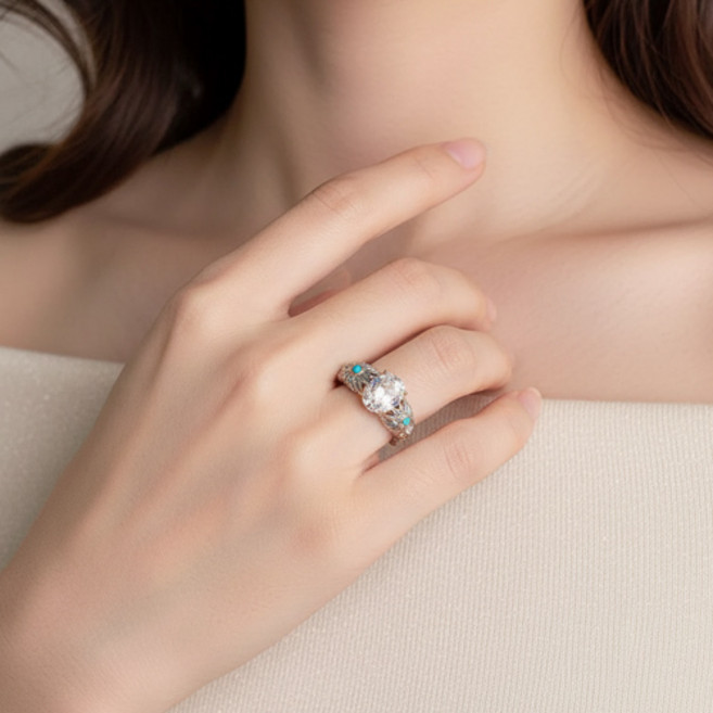 여성 클래식 빈티지 엔틱 터키석 큐빅 스톤 오픈 링 반지 A2683