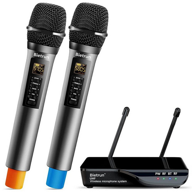 Bietrun 에코/트레블/베이스가 있는 무선 마이크 UHF 48.8m(160피트) 범위 듀얼 UHF 무선 다이나믹 마이크 휴대용 마이크 시스템 가정 노래방 회의 파티, 에코가 있는 2채널 무선 마이크 시스템
