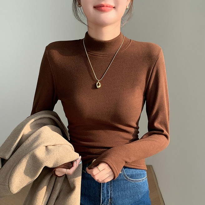 H561半高領加絨打底衫女秋冬內搭棉羊毛一體加厚修身保暖長袖上衣