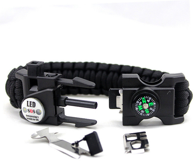 방수LED 서바이벌 생존응급팔찌 나이프 나침반 파라코드 호루라기, 방수LED생존팔찌 사막위장, 1개