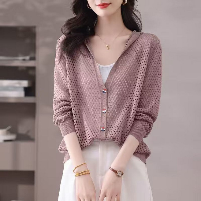 중년 여성 후드 자켓 봄여름 루즈핏 자외선 차단 가디건 상의 여자 캐주얼 펀칭 냉장고 얇은 코트 LJX