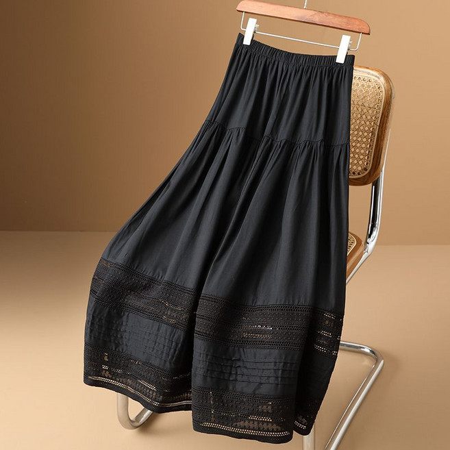 AOKADA 레이스 플레어 롱 스커트 메쉬 셔링 자수 치마