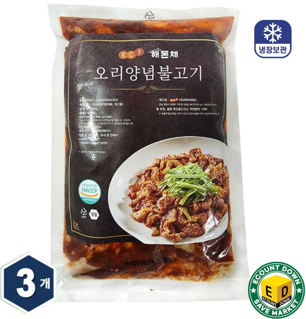 해돈채 오리불고기 국내산 고추장 밀키트 캠핑 오리주물럭, 3개, 500g