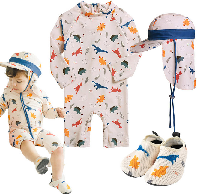 동그리 아기 쥬라기 수트 수영복+플랩캡+아쿠아슈즈 3종세트 유아 돌아기 래쉬가드 세트