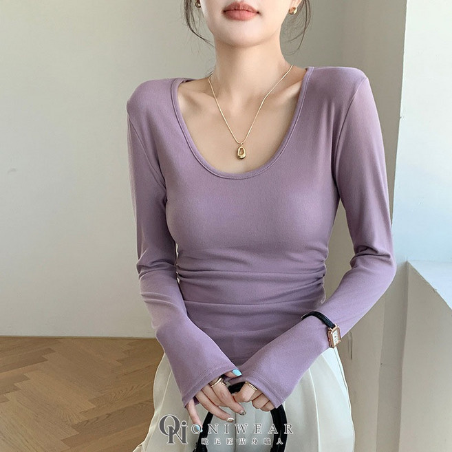 【OniWear】秋冬椰絨大U領磨毛內搭t 長袖收腰修身遮肉 褶皺上衣 女內衣