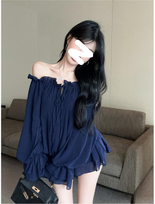 해피유통여성 여름 통기성이 좋은 쉬폰 오프숄더 긴팔 블라우스 레이스 장식 주름 디자인XG03