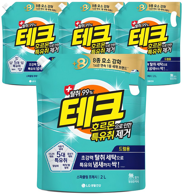 테크 호르몬으로 인한 특유취 제거 드럼용 액상세제 리필, 2L, 4개