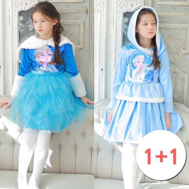 1+1 엘사 원피스 모자 캉캉 드레스 세트 기모 여아 유아 아동 크리스마스 선물