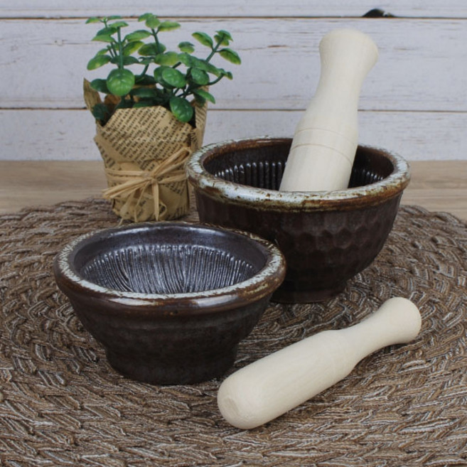 국내 도예촌 여주 생산 마늘 다지기 미니 절구통 깨갈이 이유식 곡물 빻기, 도자기(중)+공이-브라운, 1개