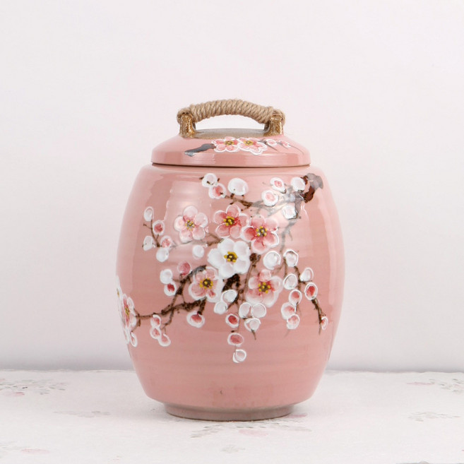 비채 핑크 매화 도자기 쌀독 10kg 쌀항아리 소금항아리