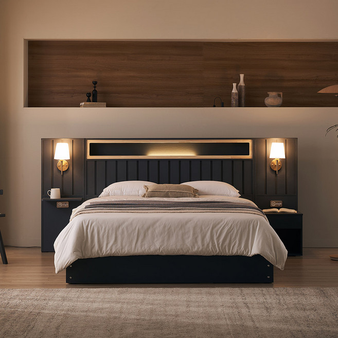 베디스 모나코 호텔식 편백나무 아트월 LED조명 평상형 침대프레임 퀸킹공용 SS QK LK( 협탁패널1+선반패널1), 진그레이