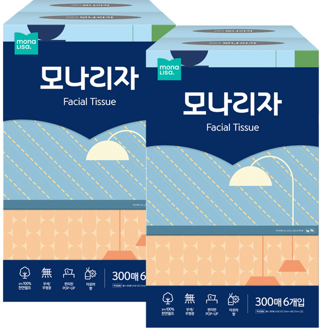 모나리자 천연펄프 미용티슈 2겹, 300개입, 12개