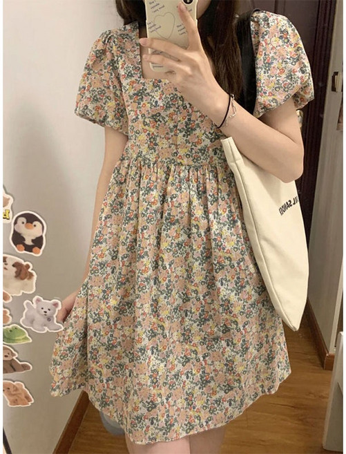 復古方領碎花連衣裙 女夏季 法式小個子 娃娃裙, 碎花色,2XL