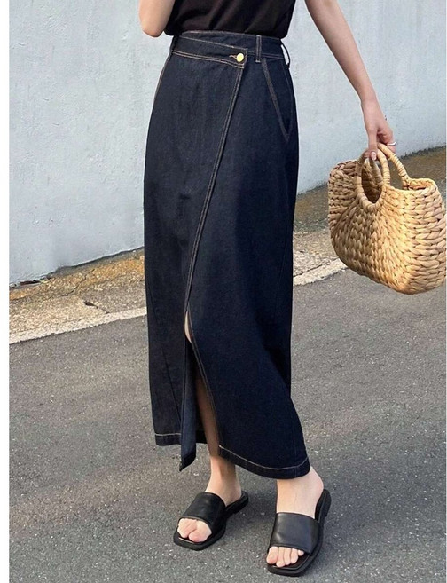 不對稱腰部前側開叉長款休閒牛仔裙