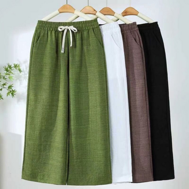 Unique 중년여성 루즈핏 린넨 일자핏 바지 엄마 캐주얼 면마 밴딩 팬츠 빅사이즈