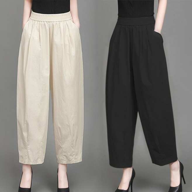 9부 배기팬츠 여성 밴딩 하이웨스트 오버사이즈 얇은 여름 캐주얼 날씬해 보이는 와이드 팬츠 통바지
