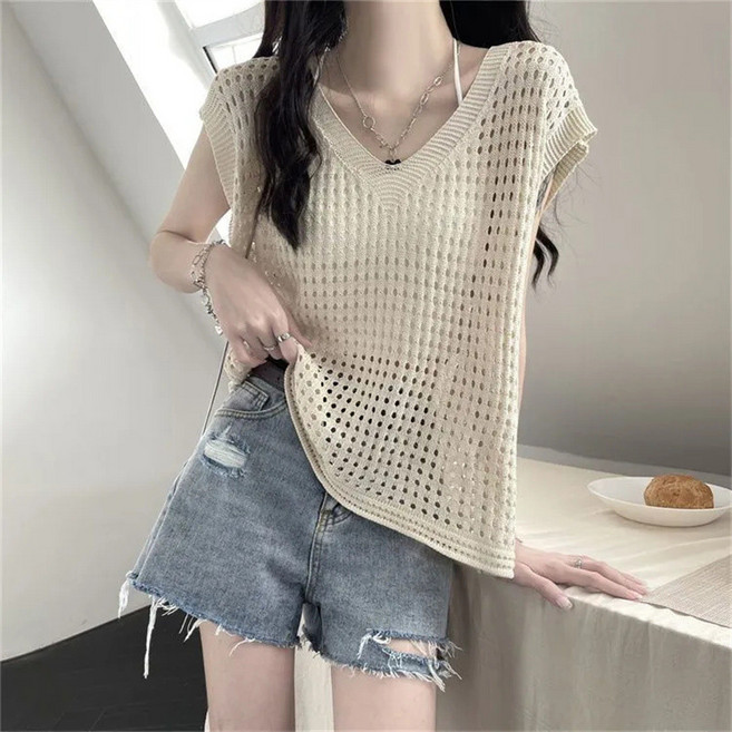 보슈 여성 루즈핏 브이넥 그물 스카시 레이어드 니트 망사 펀칭 조끼 베스트