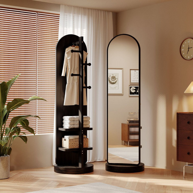 Tixpra 360도 회전 전신 거울 행거 일체형 빈티지 스타일 거실 내 이동 가능한 대용량 행거, 블랙