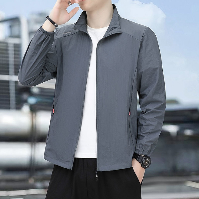 Asure 남성 여름 얇은 자외선 차단 긴팔 바람막이 자켓 경량 냉장고 집업자켓, 진회색