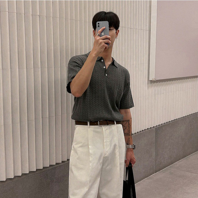 꽃소담 남자 꽈배기 케이블 무지 반팔 니트 카라티 HZHF2549