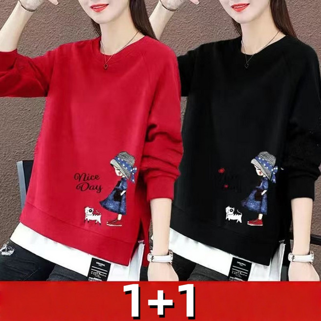 타임퓨어 1+1 여성 맨투맨 긴팔티셔츠 캐주얼 슬림핏 귀엽다 가짜 투피스 긴팔티 라운드 맨투맨상의 여성가을티 의류