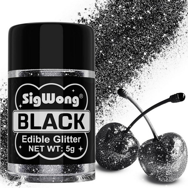 SigWong 식용 글리터 펄 이리데센트 레인보우 5g 식품 등급 케이크 장식 반짝이는 스프링클 광택 가루 음료 초콜릿 파운드케이크 딸기 컵케이크 사탕 쿠키용 비건, 검정
