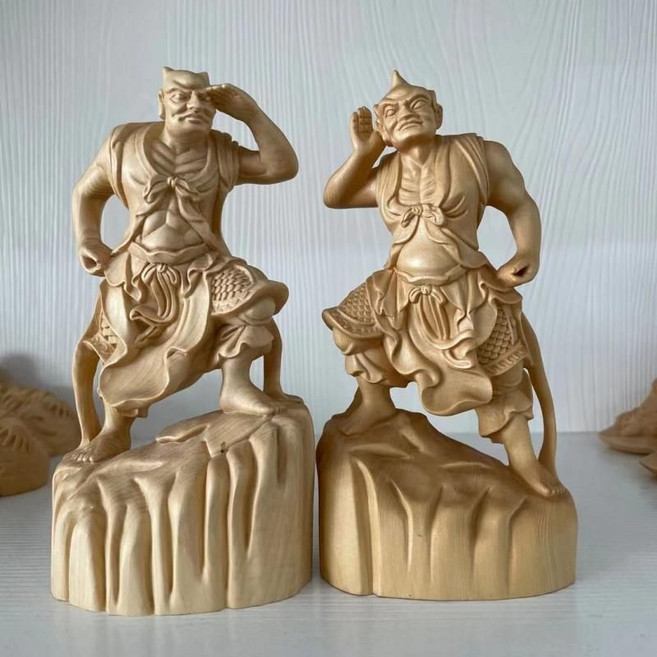木雕千裏眼順風耳神像將軍媽祖左右護法實木擺件, 桧木高16cm千裏眼+順風耳