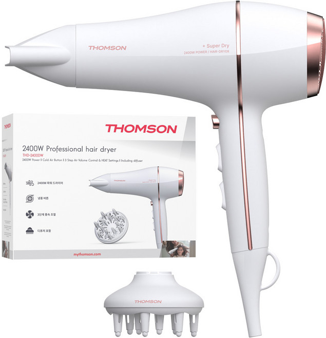 프랑스 톰슨 2400W 초고출력 6단계 풍속 조절 헤어 드라이기 + 볼륨 디퓨저 세트, THD-2400DW