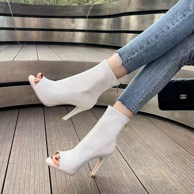 여성 레이스업 오픈토 하이힐 앵클 부츠 스틸레토 샌들