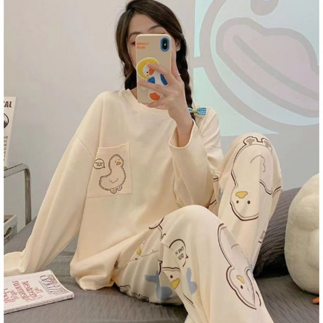 더이버 사계절 귀여운 오리 부드럽고 편안한 라운드 홈웨어 잠옷 세트