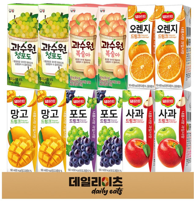 델몬트 과수원 과즙 팩음료 6종류 12팩 세트 델몬트(포도 망고 오렌지 사과) 과수원(청포도 복숭아), 1박스, 190ml