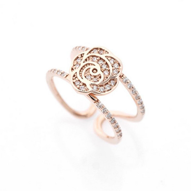 14K 18K 얇은 2줄 오픈 장미 꽃송이 큐빅 금반지 심플한반지 열송이반지 심플링