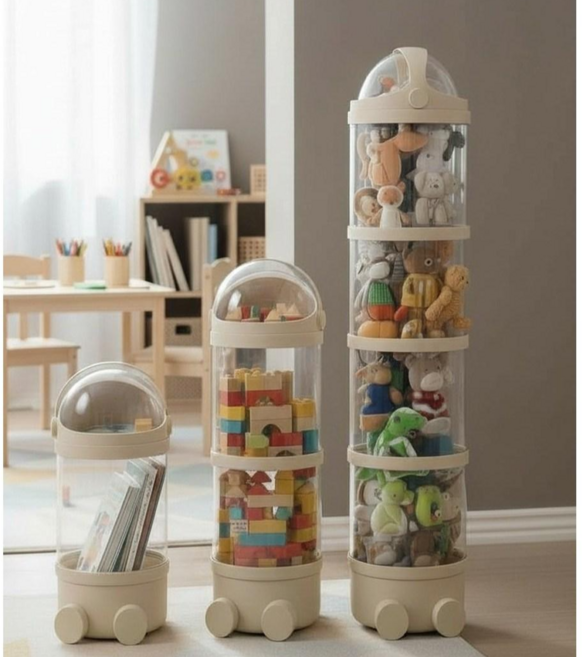 더하임 4단 높이조절 투명 인형정리함 인형 장난감 보관함 수납함 원통형, 1개, 아이보리