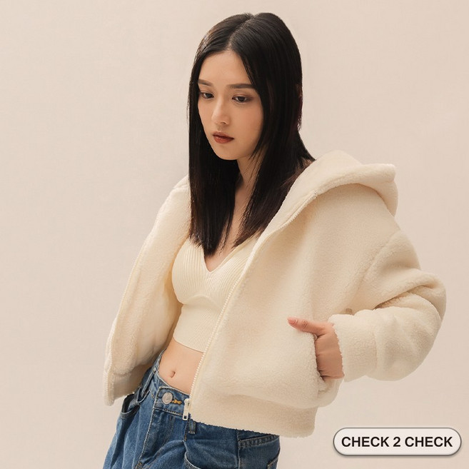 Check2Check 泰迪熊毛毛連帽短版外套 羊羔毛絨 保暖