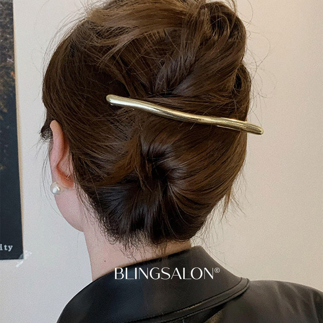 블링살롱 1+1 여성용 로이엘 라운드 웨이브 메탈 유광 헤어 일자 자동 머리핀 헤어핀 2컬러 세트