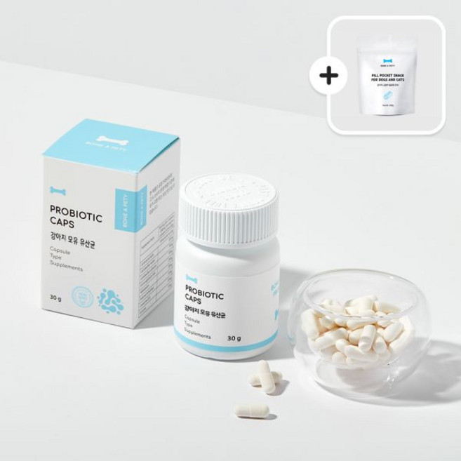 본아페티 면역력 유산균 프로바이오틱 캡스 60정 2개+알약 급여용 필포켓 100g 1개, 프로바이오틱 캡스 2개 + 필포켓 간식 1개