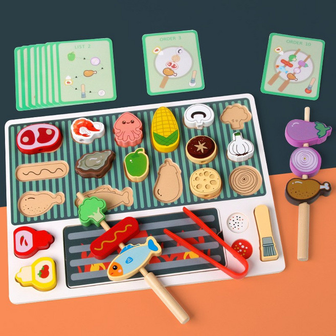 원목 바비큐 꼬치 역할놀이 소꿉놀이 장난감 세트, 1개, 바비큐 꼬치 세트