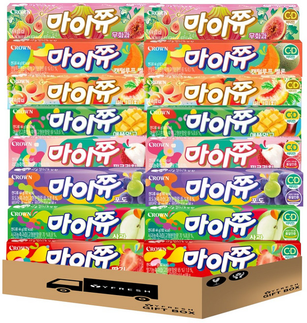 [YFRESH] 마이쮸세트(무화과 써니피치 켄텔루프멜론 핑크리치 애플망고 사과 포도 딸기) + YFRESH박스, 1세트, 44g