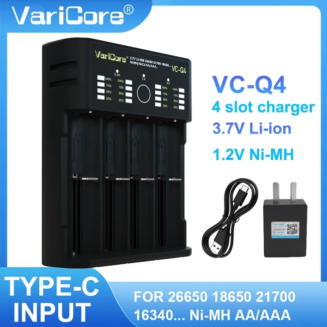 VariCore VC-Q4 3.7V Li-18650 21700 26650 NIMH AA 배터리 충전기 USB-C 방지 기능 포함, 01 VC-Q4-5V2A-AU